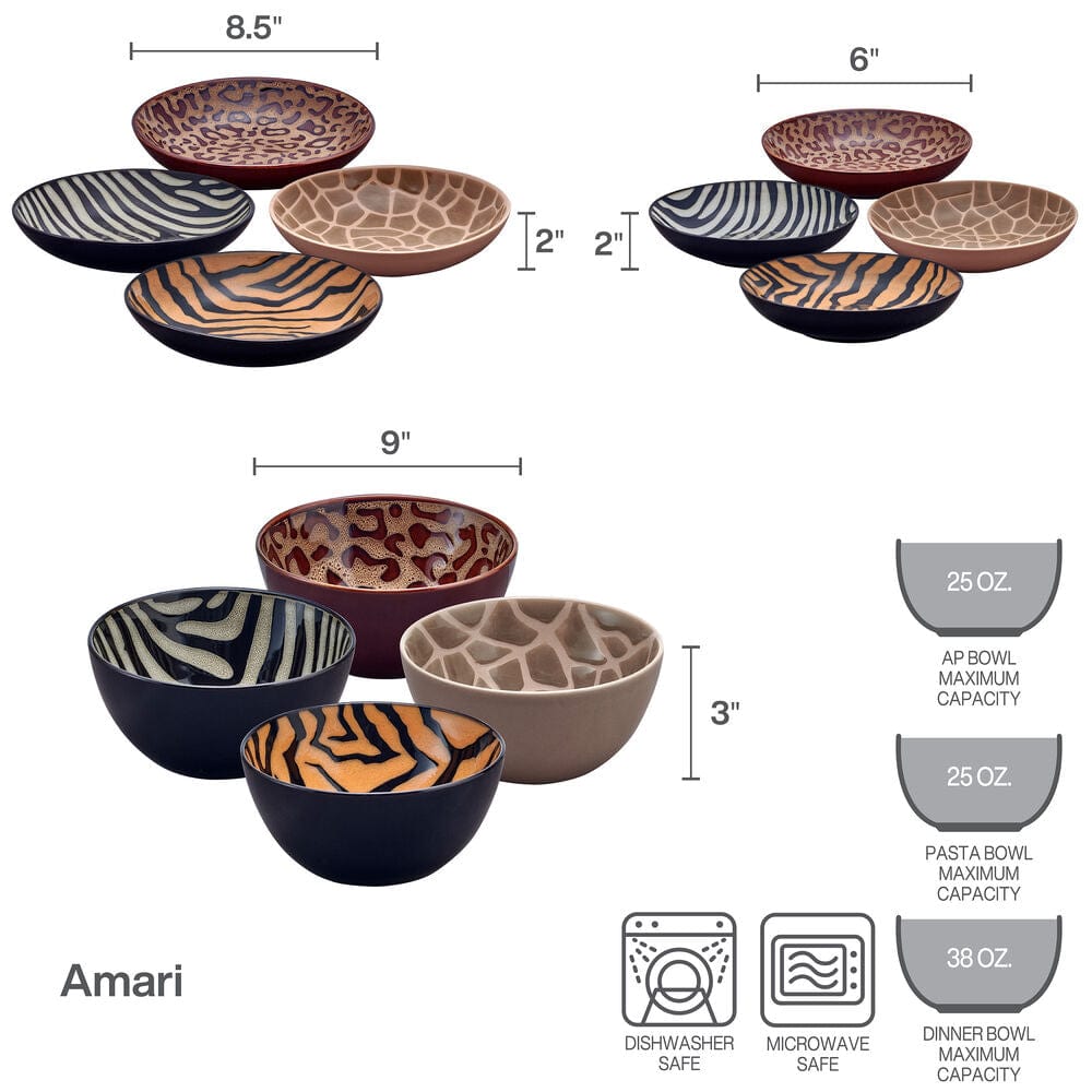 Amari Animal Print 12 Piece Dinnerware Bowl Set, Service for 4