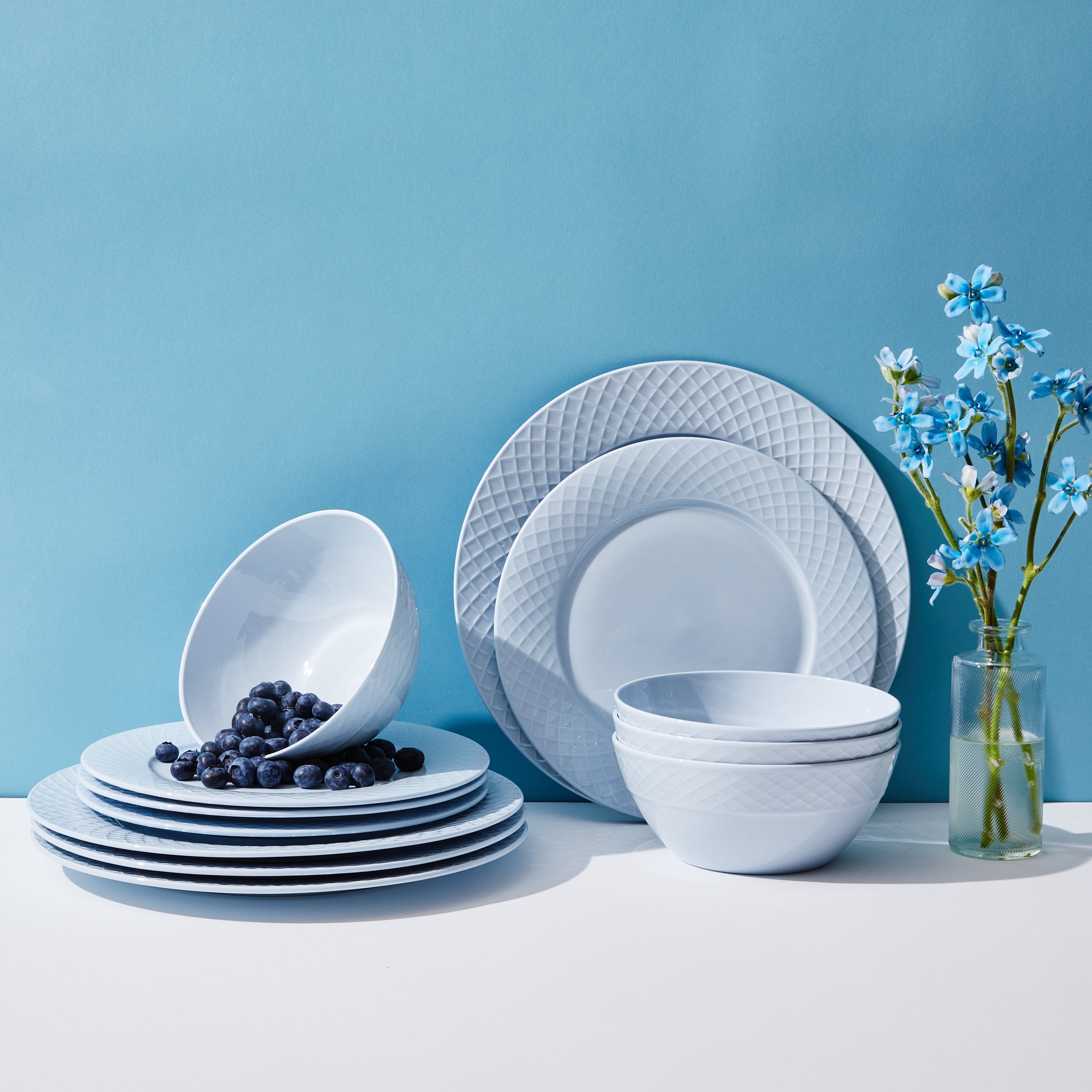 Trellis Misty Blue 12 Piece Dinnerware Set, Service for 4