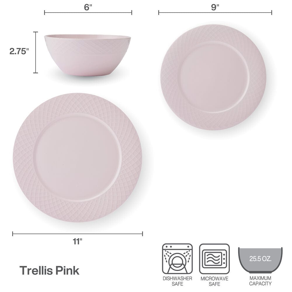 Trellis Pink 12 Piece Dinnerware Set, Service for 4