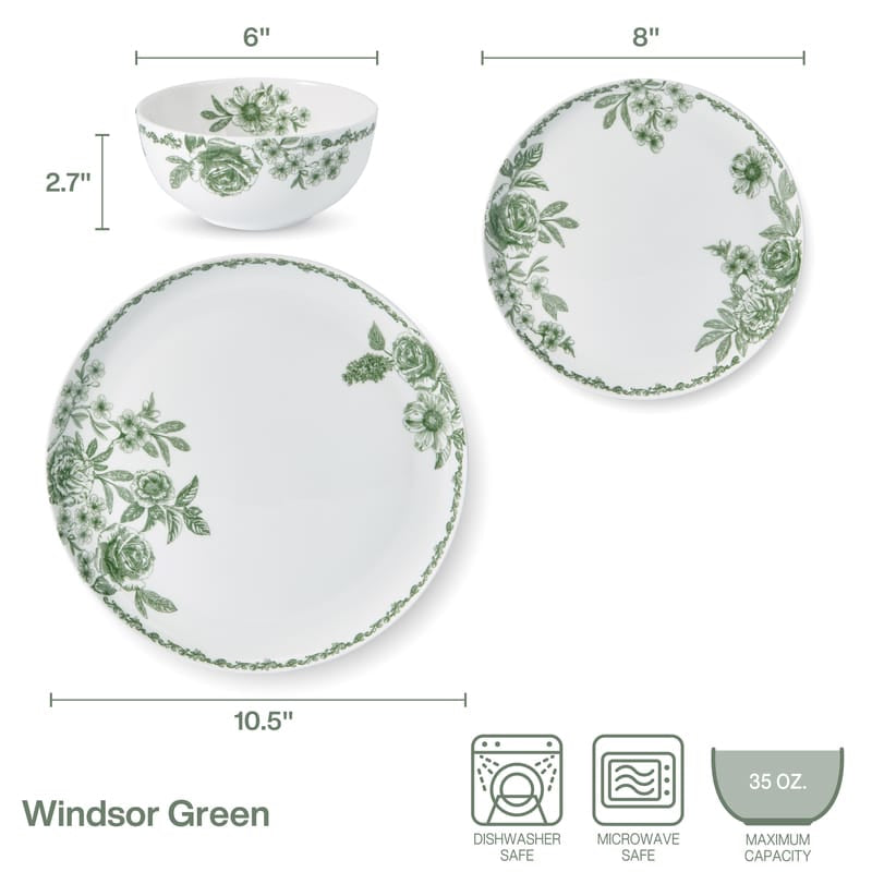 Windsor Rose Green Dinnerware Set, Service for 4