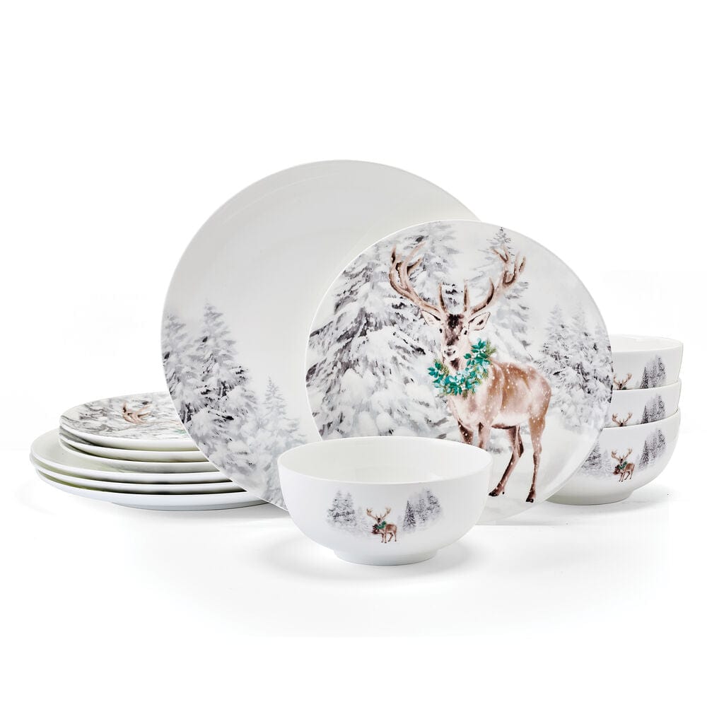 Woodsy Winter 12 Piece Dinnerware set, Service for 4
