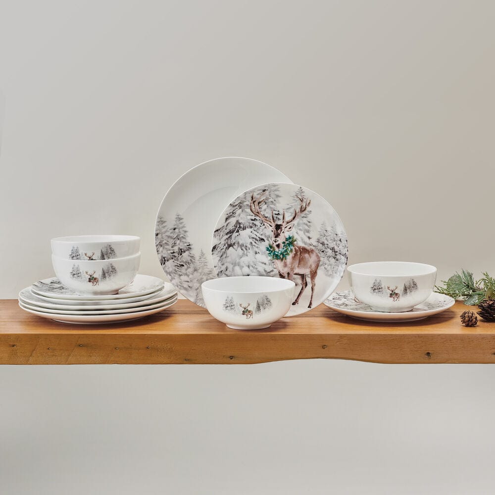 Woodsy Winter 12 Piece Dinnerware set, Service for 4