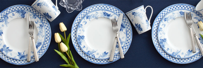 Kiley dinnerware is a simple white bone china pattern with a lovely blue decal design of trellises and flowers. 