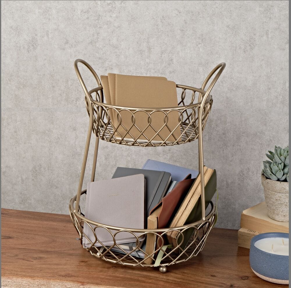 Loop and Lattice 2 Tier Matte Gold Countertop Fruit Storage Basket