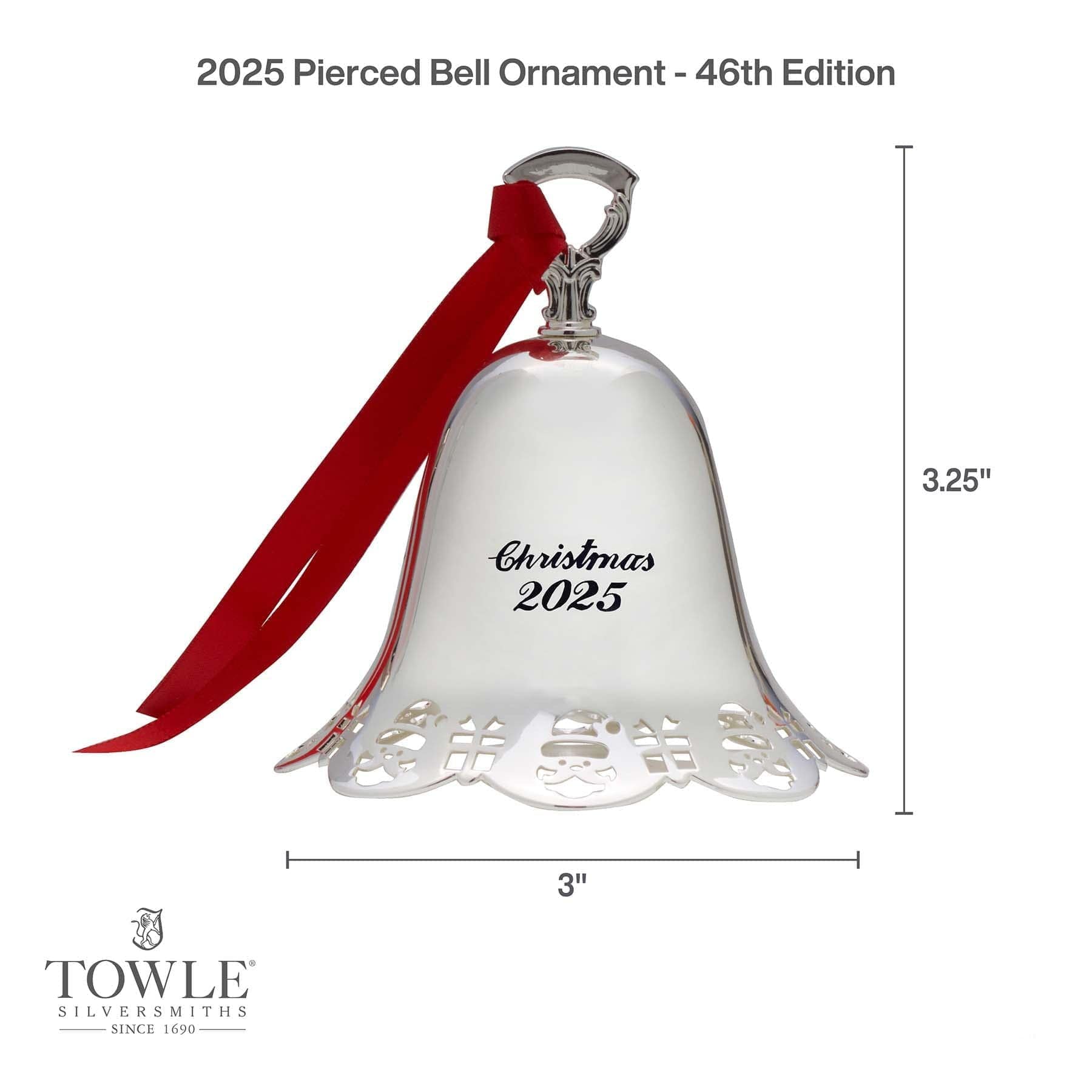 2025 Silver Plate Pierced Santa and Presents Bell Ornament 46th Edition