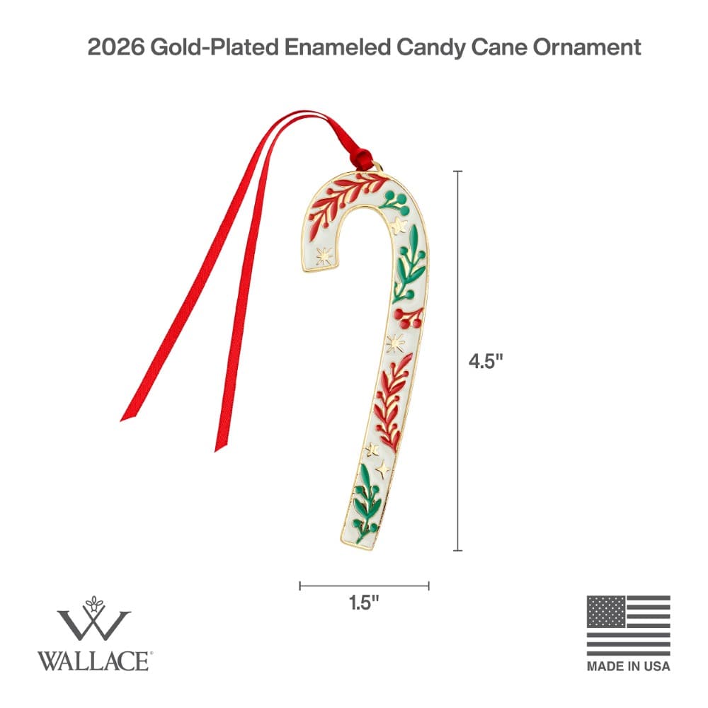 Wallace 2026 Gold Plated Enameled Candy Cane Ornament 46th Edition