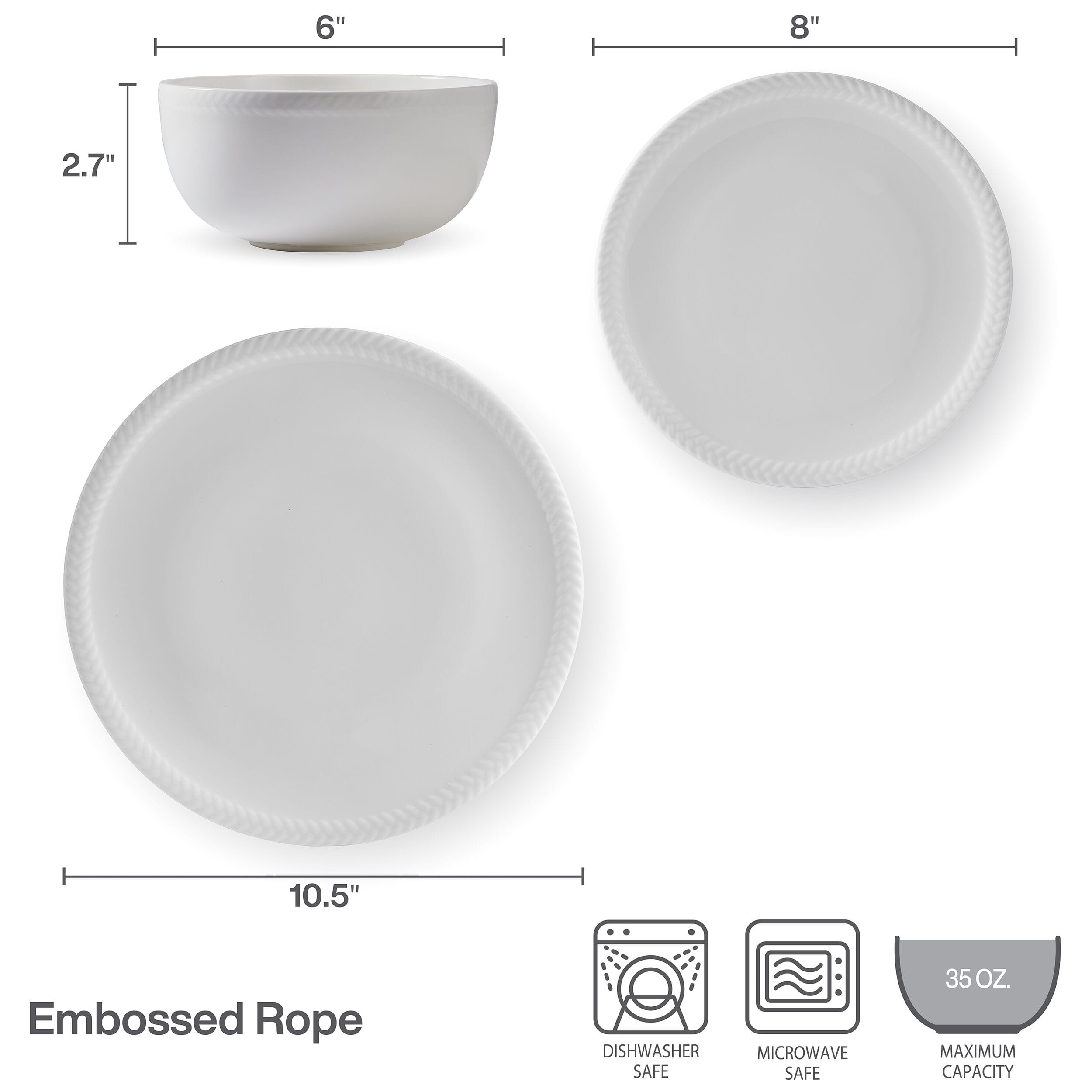 Embossed Rope 12 Piece Dinnerware Set, Service for 4