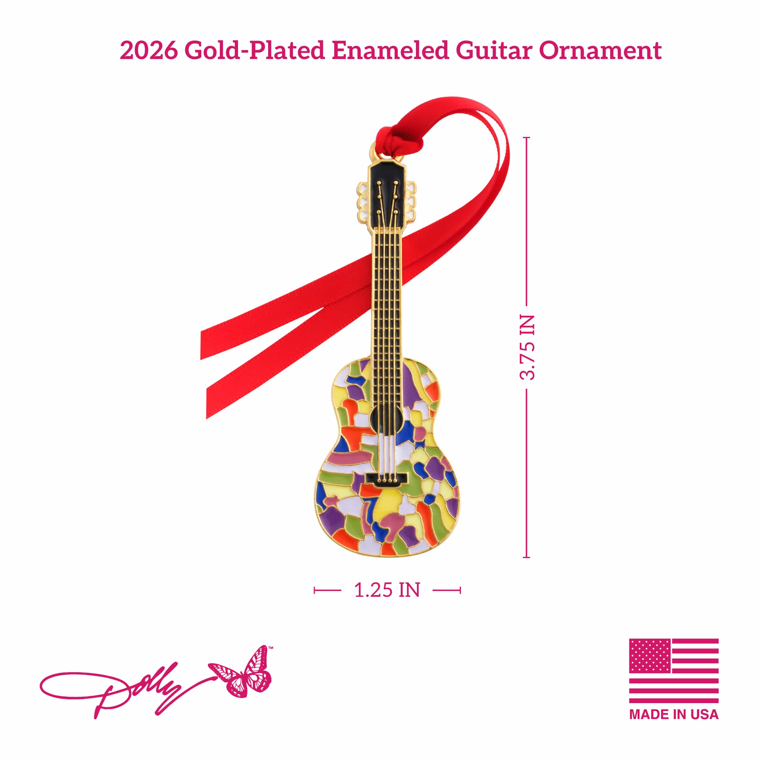 Dolly Parton 2026 Gold Plated Enameled Guitar Ornament