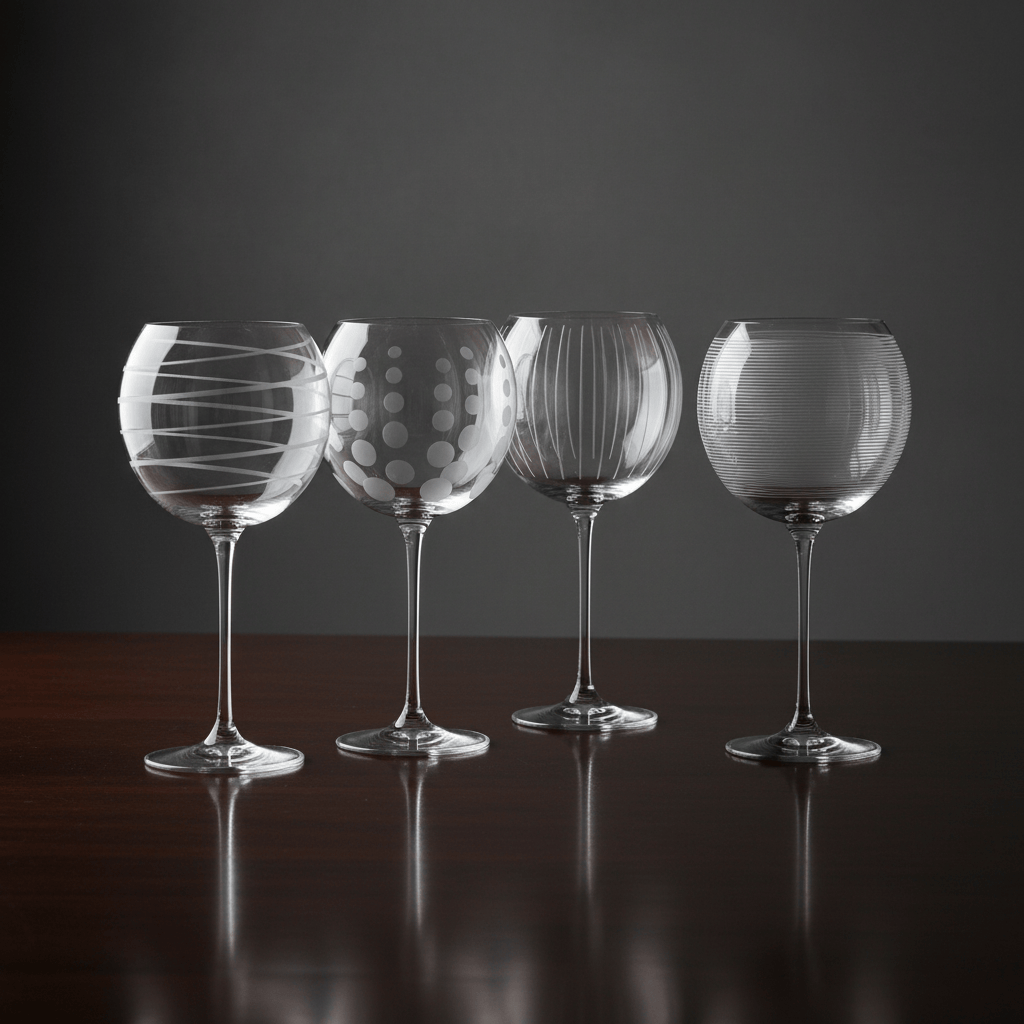 Four transparent glass goblets with unique patterns on a dark surface and background