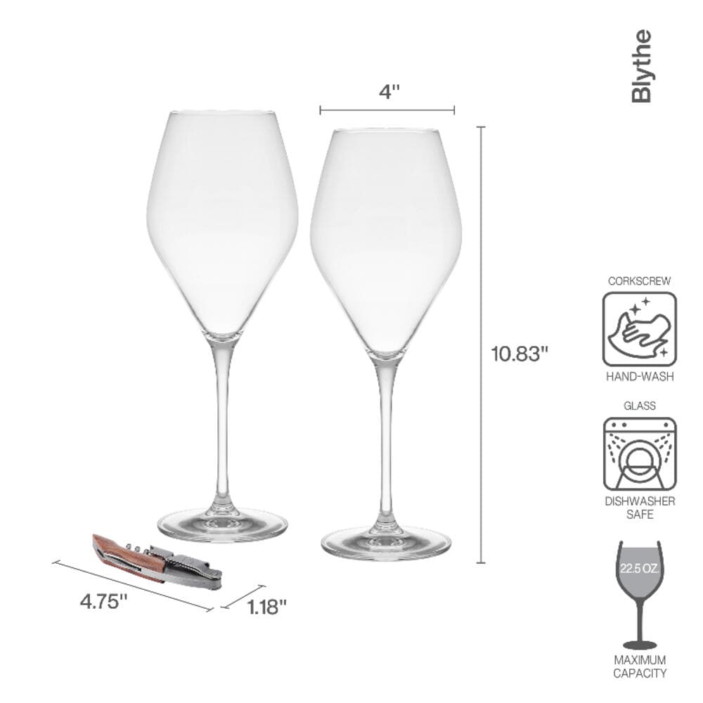 Blythe Set of 2 Wine Glass Boxed Gift Set with Corkscrew
